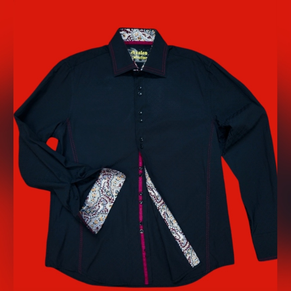 Men's Avalon Collection XL Dress Shirt BLACK Premium Stitching in Maroon Paisley